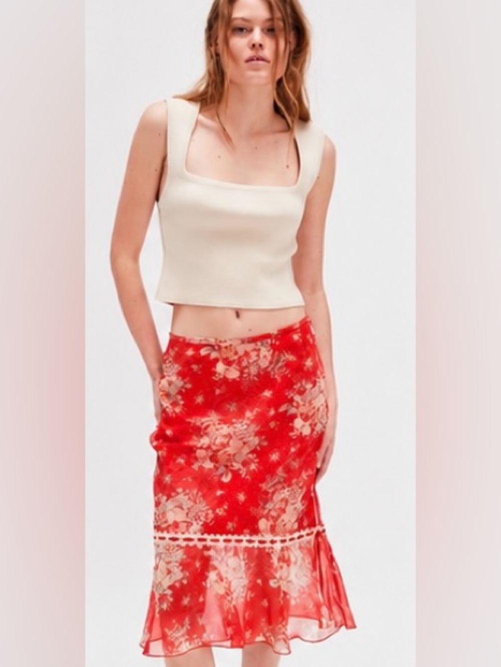 Free People Romantic Roses Printed Midi Skirt Poppy Combo Size 2